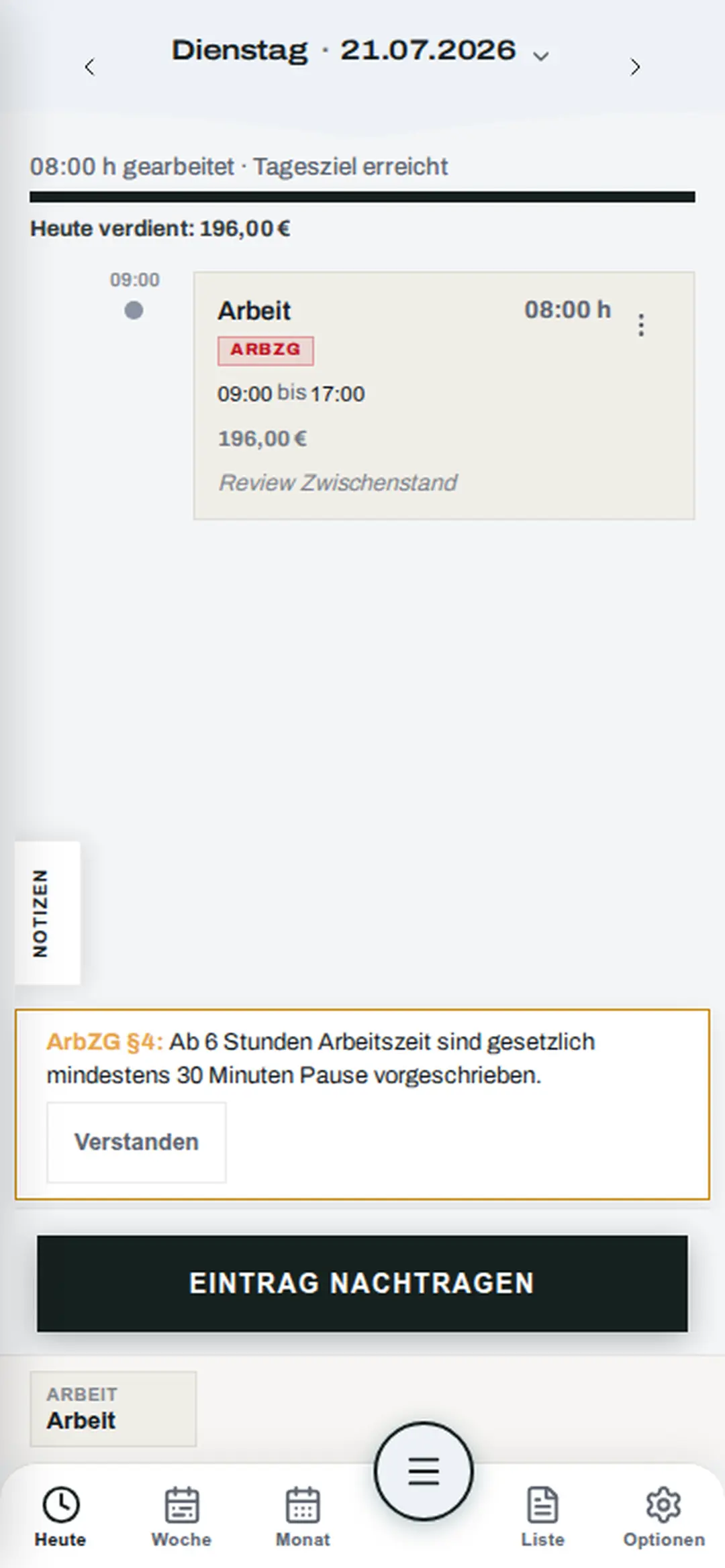 MyTid Tagesansicht: Grafischer Zeitstrahl des aktuellen Arbeitstages